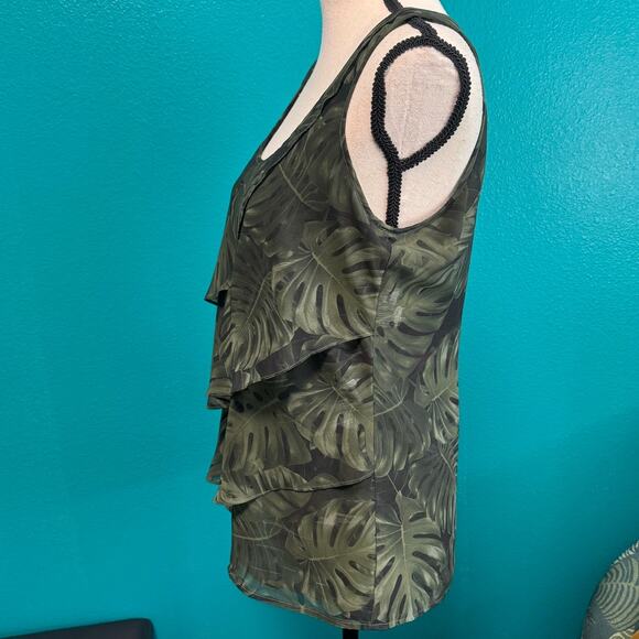 Michael Kors Green Botanical Layered Ruffle Round Neck Sleeveless Blouse Medium - Picture 7 of 12